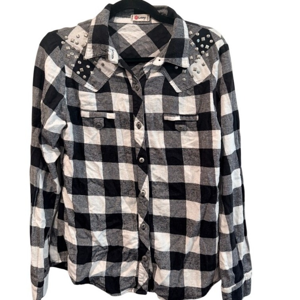 Olsenboye Buffalo Plaid Studded Flannel Shirt Black White Long Sleeve Western L